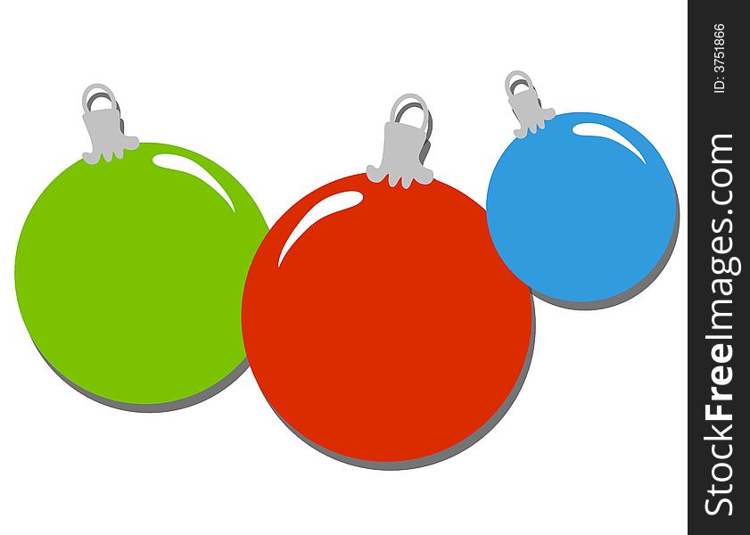 A simple clip art illustration of 3 colorful Christmas ornaments isolated on white with slight drop shadow. A simple clip art illustration of 3 colorful Christmas ornaments isolated on white with slight drop shadow