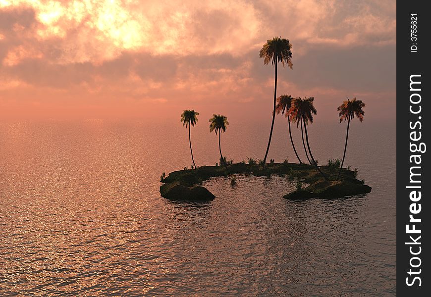 Sunset coconut palm trees on small island - 3d illustration.