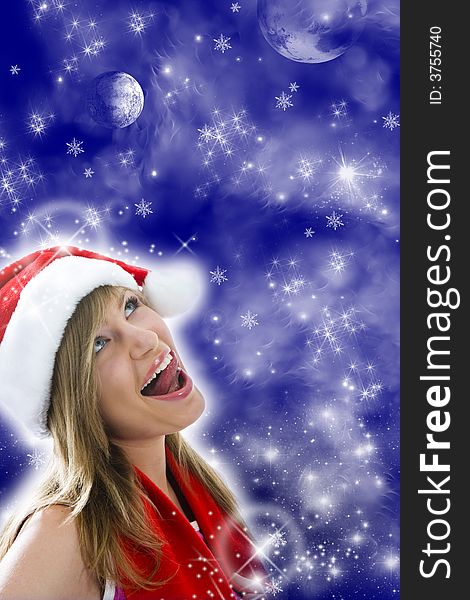 Beautiful woman with christmas decoration on background