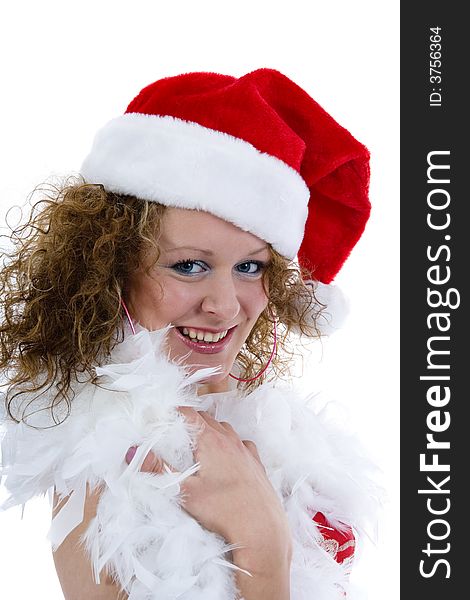 Attractive woman in Santa Cap on isolated background