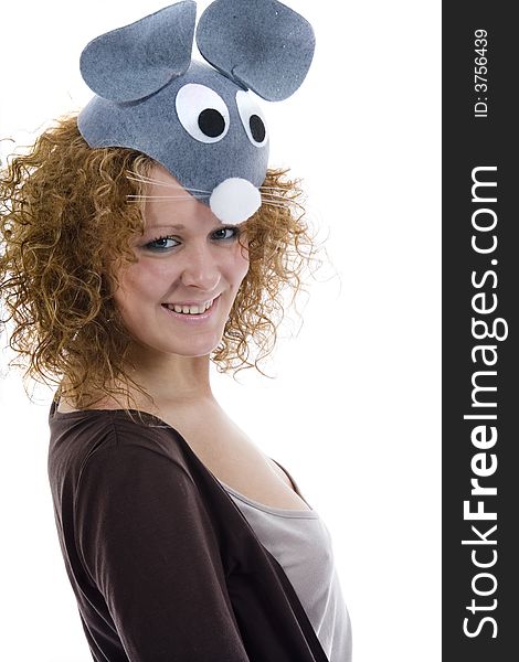 Attractive woman in mouse cap on isolated background