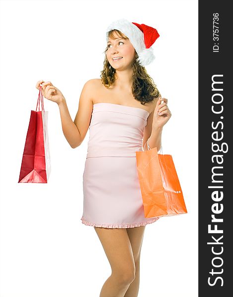 Shopping woman  with package isolated over white background