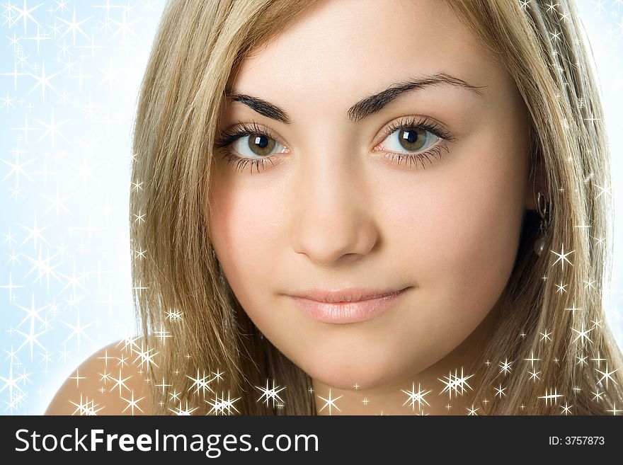 Close-up young woman portrait beauty face over white background