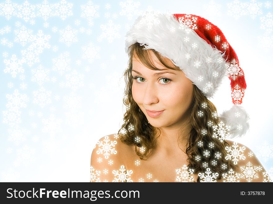 Girl in red cap with snowflake