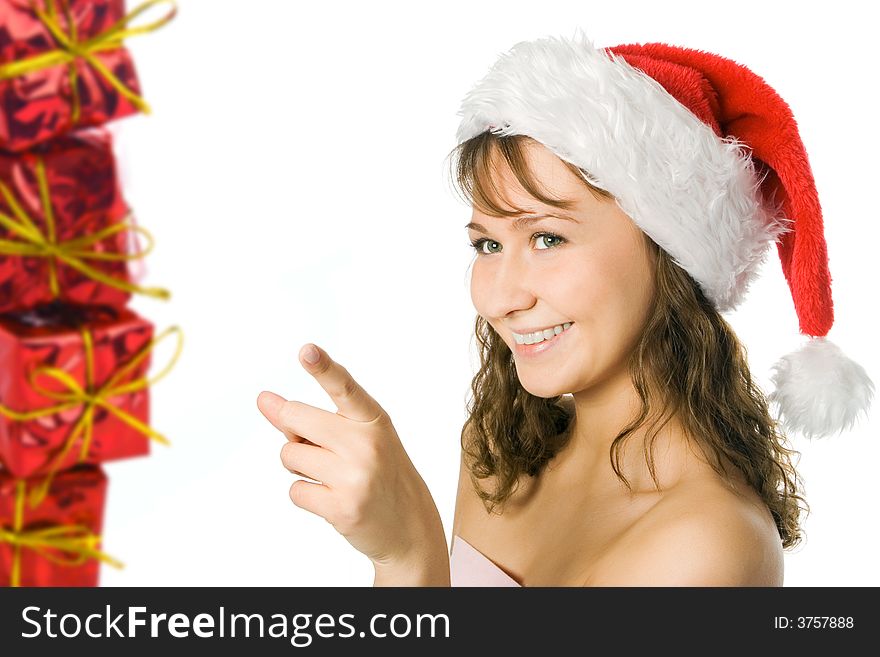 Woman in red cap and gift box