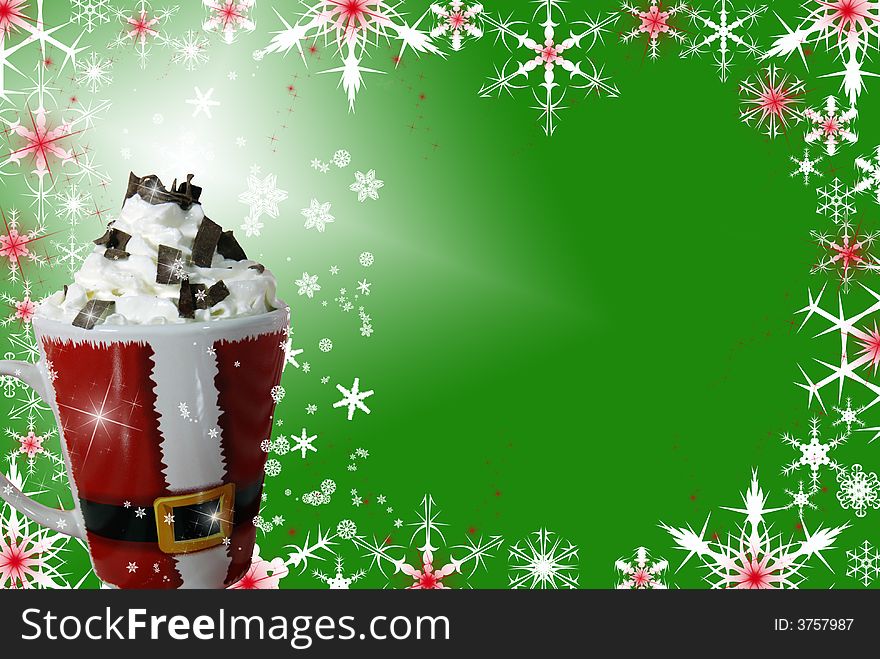 Festive mug filled with a warm drink and whipped cream. Festive mug filled with a warm drink and whipped cream.