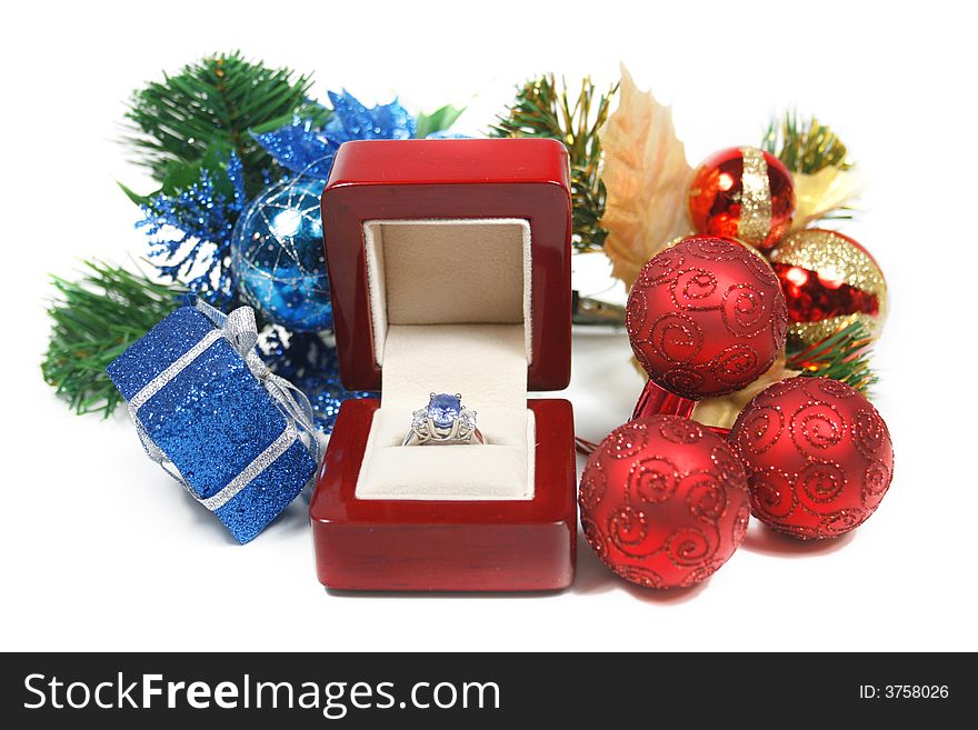 Marriage proposal on winter holidays, present, surprise, New year's night or christmas gift. Marriage proposal on winter holidays, present, surprise, New year's night or christmas gift