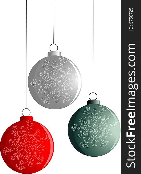 Three New-Year red, green and silver balls isolated on white. Additional vector format in EPS. Three New-Year red, green and silver balls isolated on white. Additional vector format in EPS.