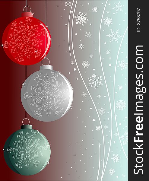 Background with three New-Year red, green and silver balls and white snowflakes. Additional vector format in EPS. Background with three New-Year red, green and silver balls and white snowflakes. Additional vector format in EPS.