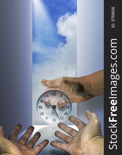 Open wall or door with clouds, hand, clock and sky. Open wall or door with clouds, hand, clock and sky