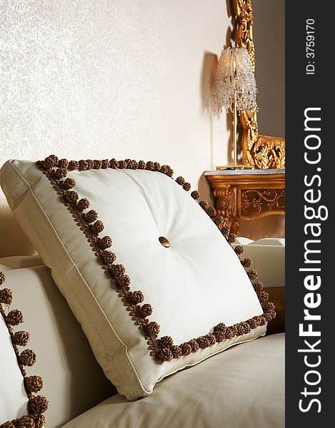 Beautiful pillow on the big white leather sofa