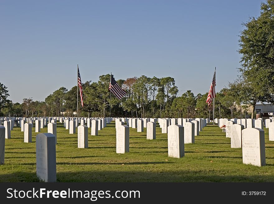 An American Military Cemetery with rows of headstones and flags