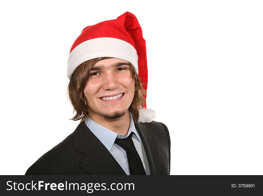 Guy in costume with red and white cap Santa. Guy in costume with red and white cap Santa