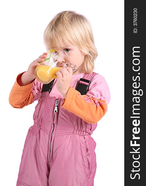 Girl drinks juice on white