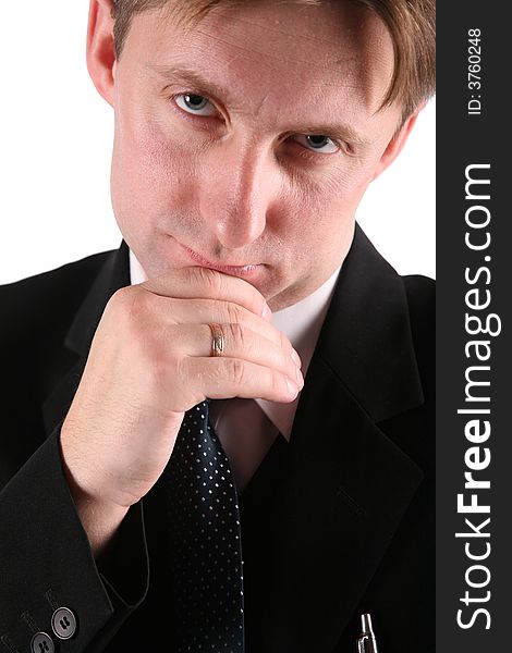 Pensive businessmen isolated on white. focus on mouth