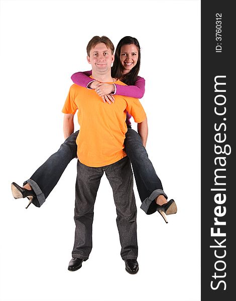 Woman embracing man, man hold woman isolated on white