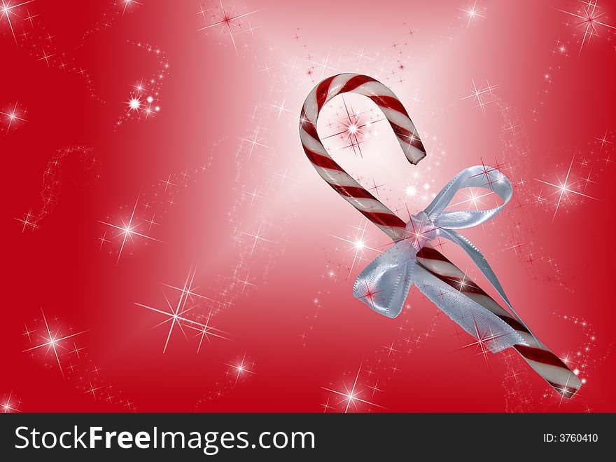 Single candy cane on sparkling festive background. Single candy cane on sparkling festive background.