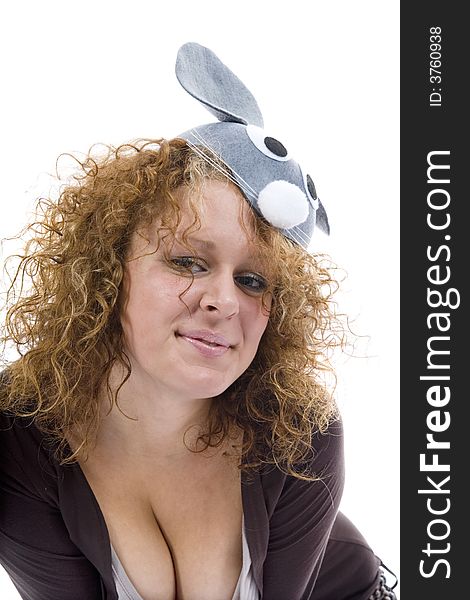Attractive woman in mouse cap on isolated background