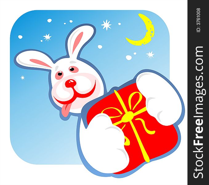 The cheerful rabbit with a gift in paws on a background of the star sky. The cheerful rabbit with a gift in paws on a background of the star sky.