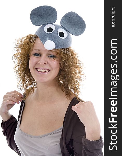 Attractive woman in mouse cap on isolated background