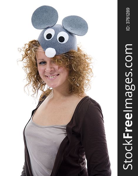 Attractive woman in mouse cap on isolated background