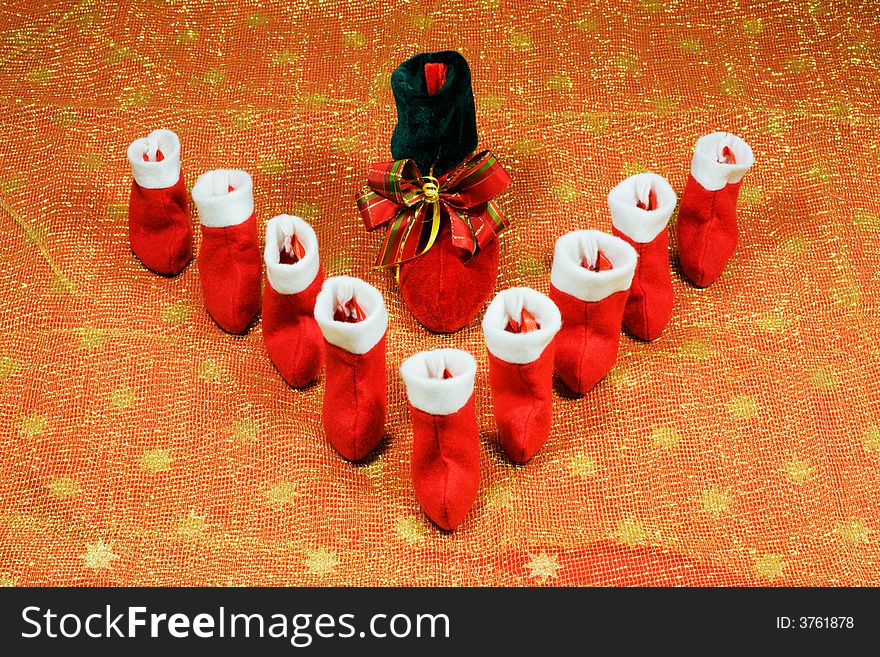 Christmas decorations from are red Santa's boots. Christmas decorations from are red Santa's boots.