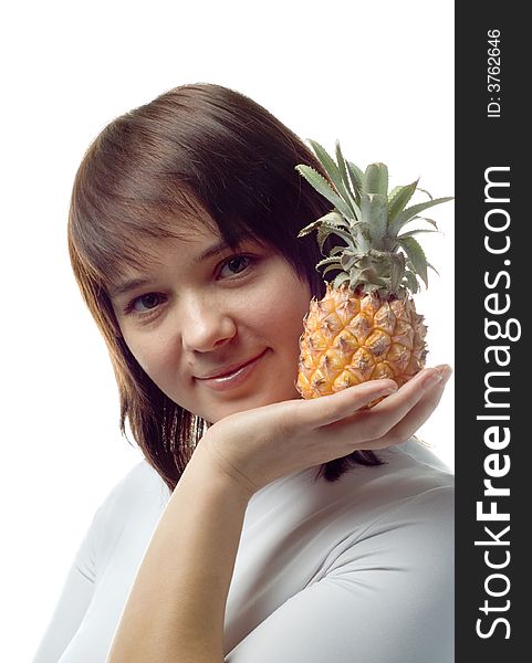 Beautiful girl with pineapple, white blouse, isolated