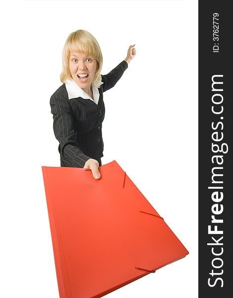 Fury business woman with red folder over white background