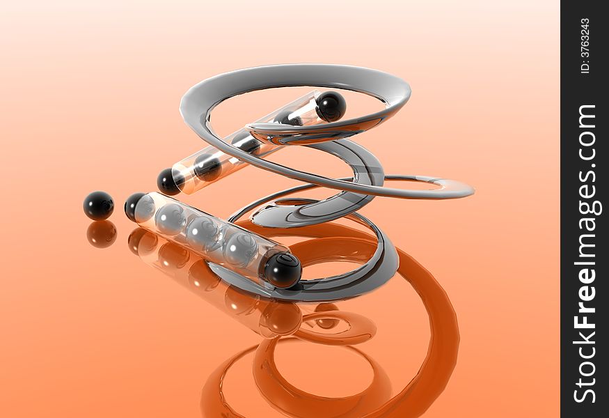 Two transparent tubes with black stone spheres and a spiral. Two transparent tubes with black stone spheres and a spiral