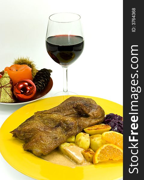 Roasted christmas duck with decoration.