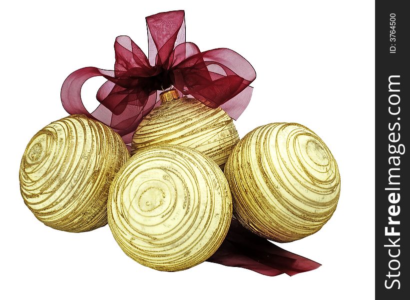 Christmas ornament - golden christmas balls with red ribbon and bow