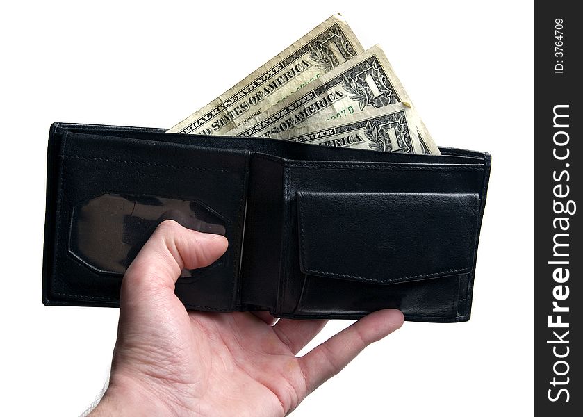 Hand holding black leather wallet with dollar bills sticking out isolated on white background. Hand holding black leather wallet with dollar bills sticking out isolated on white background
