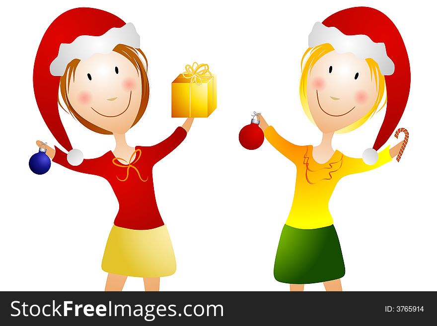 A clip art illustration featuring 2 smiiling happy young women holding ornaments, gift and candy cane as they wear santa hats. A clip art illustration featuring 2 smiiling happy young women holding ornaments, gift and candy cane as they wear santa hats
