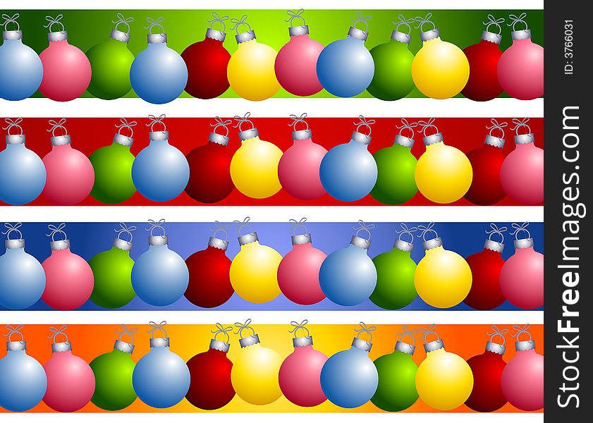 A clip art illustration featuring your choice of 4 colorful Christmas ornaments as border or dividers set against green, red, blue and gold. A clip art illustration featuring your choice of 4 colorful Christmas ornaments as border or dividers set against green, red, blue and gold