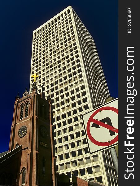 Skyscraper, church and street sign in San Francisco. Skyscraper, church and street sign in San Francisco