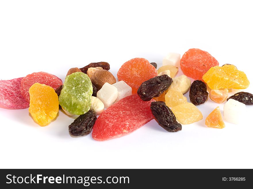 Dried fruits, raisins and nuts on white backgroud. Dried fruits, raisins and nuts on white backgroud