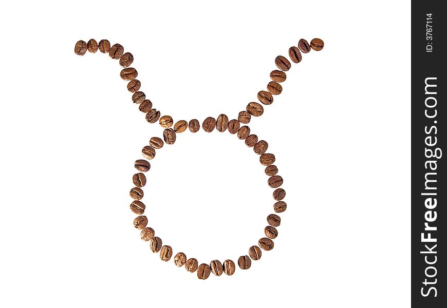 Zodiac sign bull or taurus from coffee beans on the white background. Zodiac sign bull or taurus from coffee beans on the white background