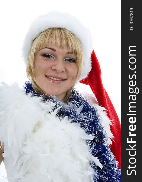 Attractive woman in Santa Cap on isolated background