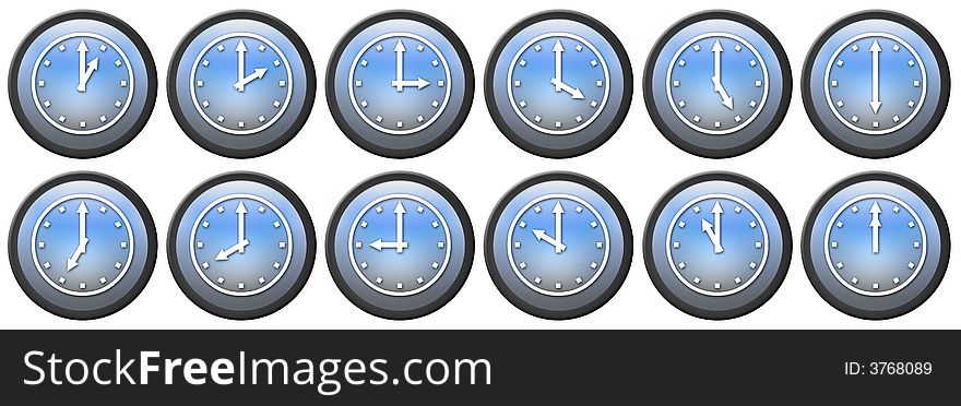 Twelve lightblue gradient plastic buttons with clocks and different times. Twelve lightblue gradient plastic buttons with clocks and different times