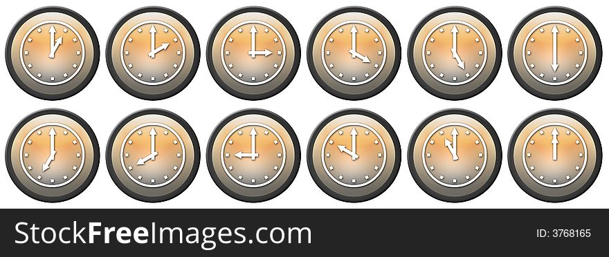 Twelve orange gradient plastic buttons with clocks and different times. Twelve orange gradient plastic buttons with clocks and different times