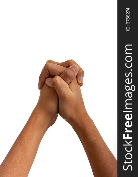 Hands held together over a white background. Hands held together over a white background