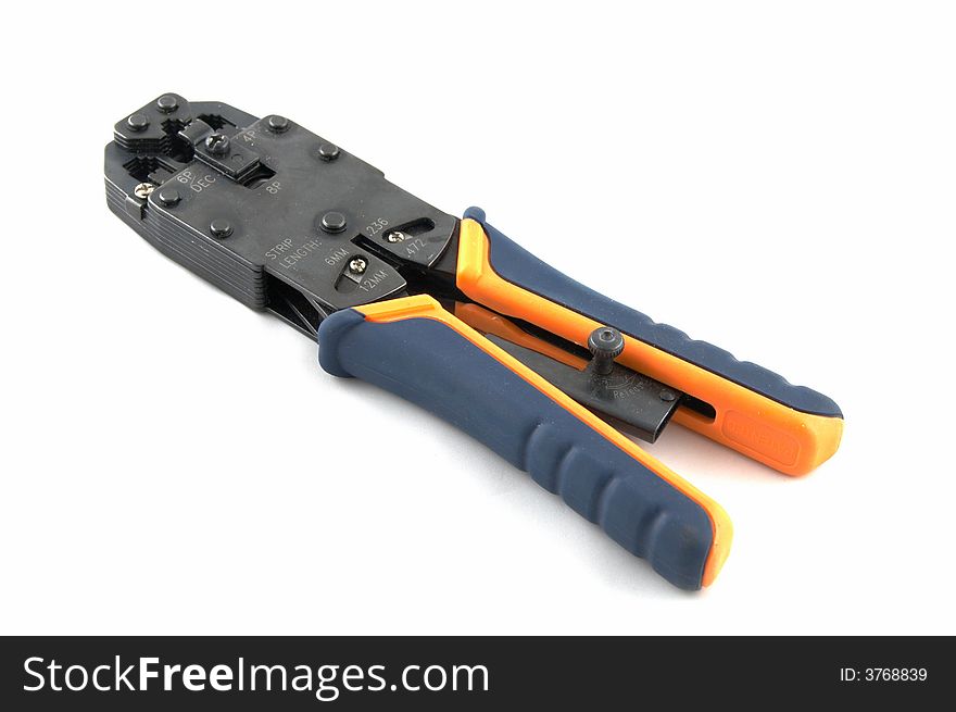 Crimp tool, used for attaching RJ-45 or RJ-11 connectors to computer network cables. Crimp tool, used for attaching RJ-45 or RJ-11 connectors to computer network cables.