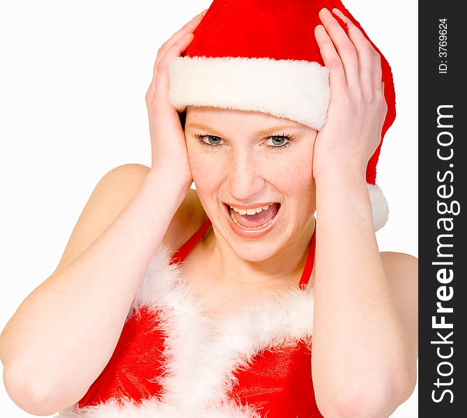 Beautifull girl in christmas bikini and with christmas hat is screaming. Beautifull girl in christmas bikini and with christmas hat is screaming.