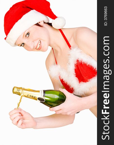 Christmas Girl Is Holding A Bottle Of Champagne