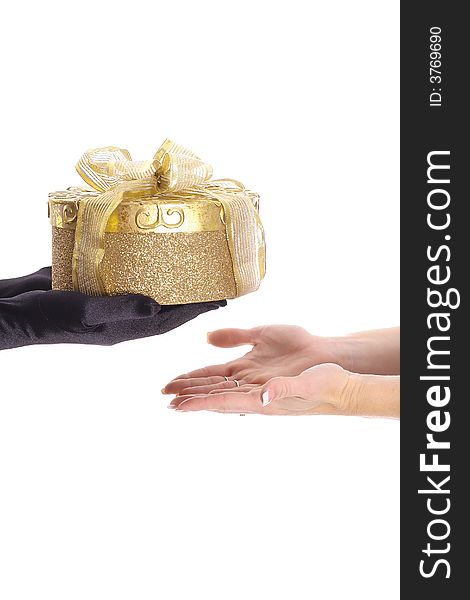 Handing a present vertical isolated on a white background