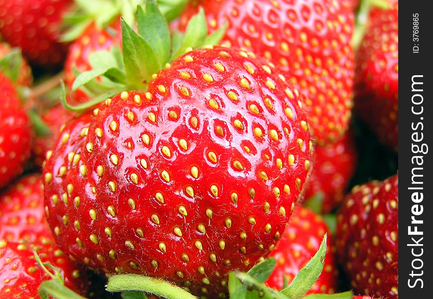 Brightly red strawberry with large yellow seeds. Brightly red strawberry with large yellow seeds