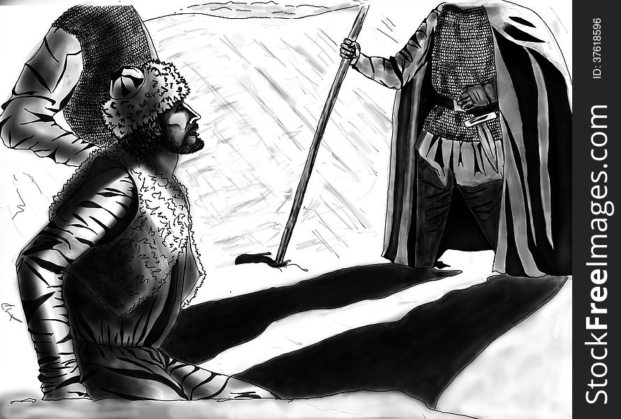 Black and white picture from comic book in realistic manner where captured Saracen begs guards to accompany him on the road. Black and white picture from comic book in realistic manner where captured Saracen begs guards to accompany him on the road