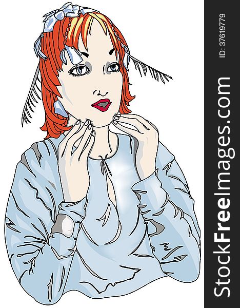 Colored picture from comic book in realistic manner where red-head girl with a blue headband in front of the mirror casting a spell