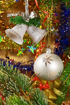 Christmas Ball And Two Handbells. Royalty Free Stock Photography Christmas Ball And Two Handbells. Royalty Free Stock Photography