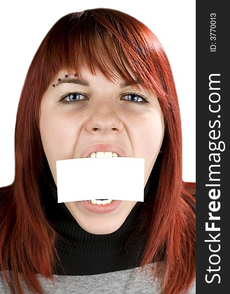 Girl Biting A Blank Greeting Card